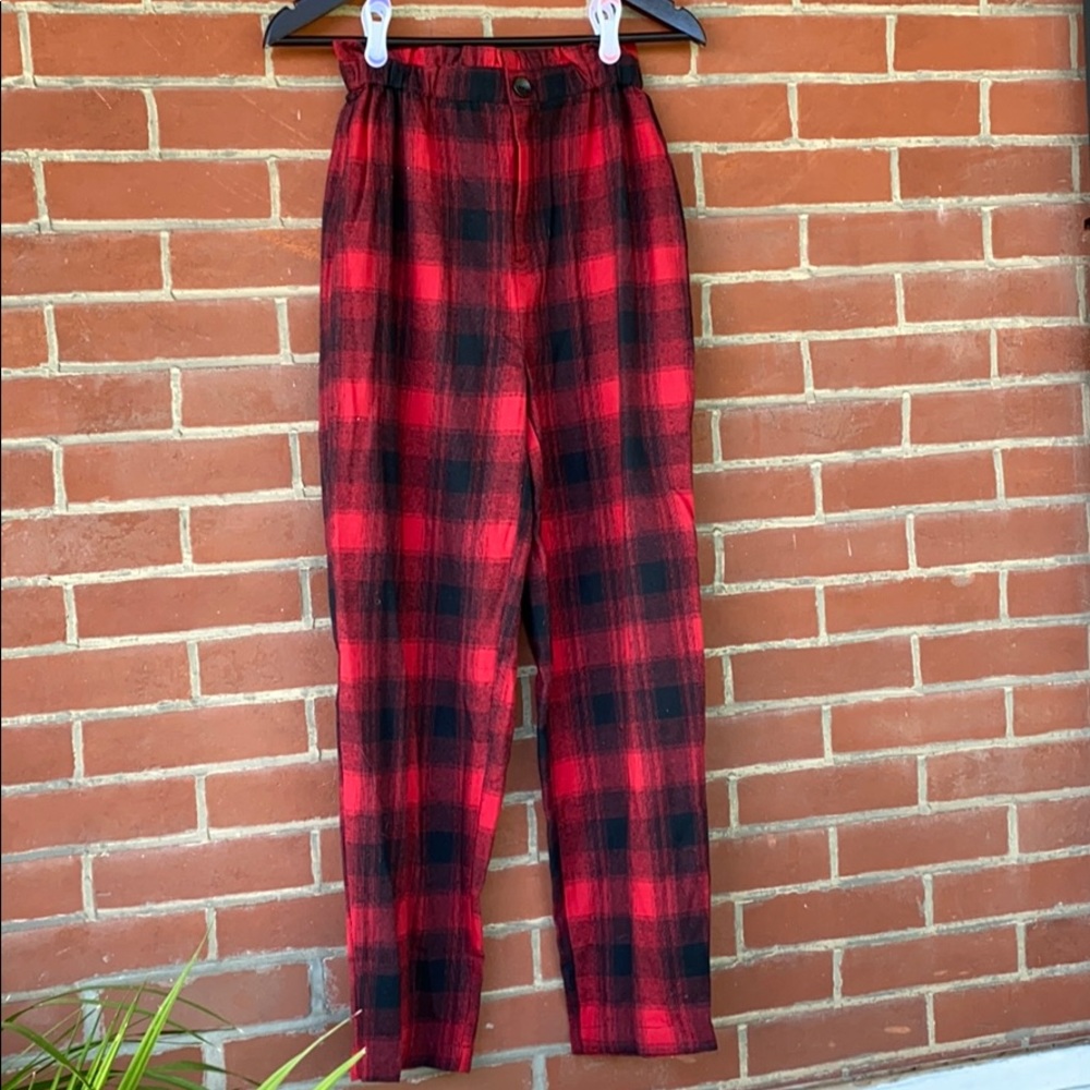 Brand new red plaid paper bag pants